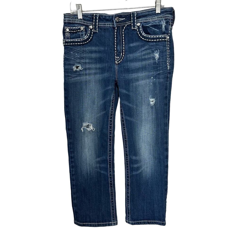 Miss Me Boyfriend Crop Jeans Womens 28 Distressed Bleached Blue‎ Thick Stitch